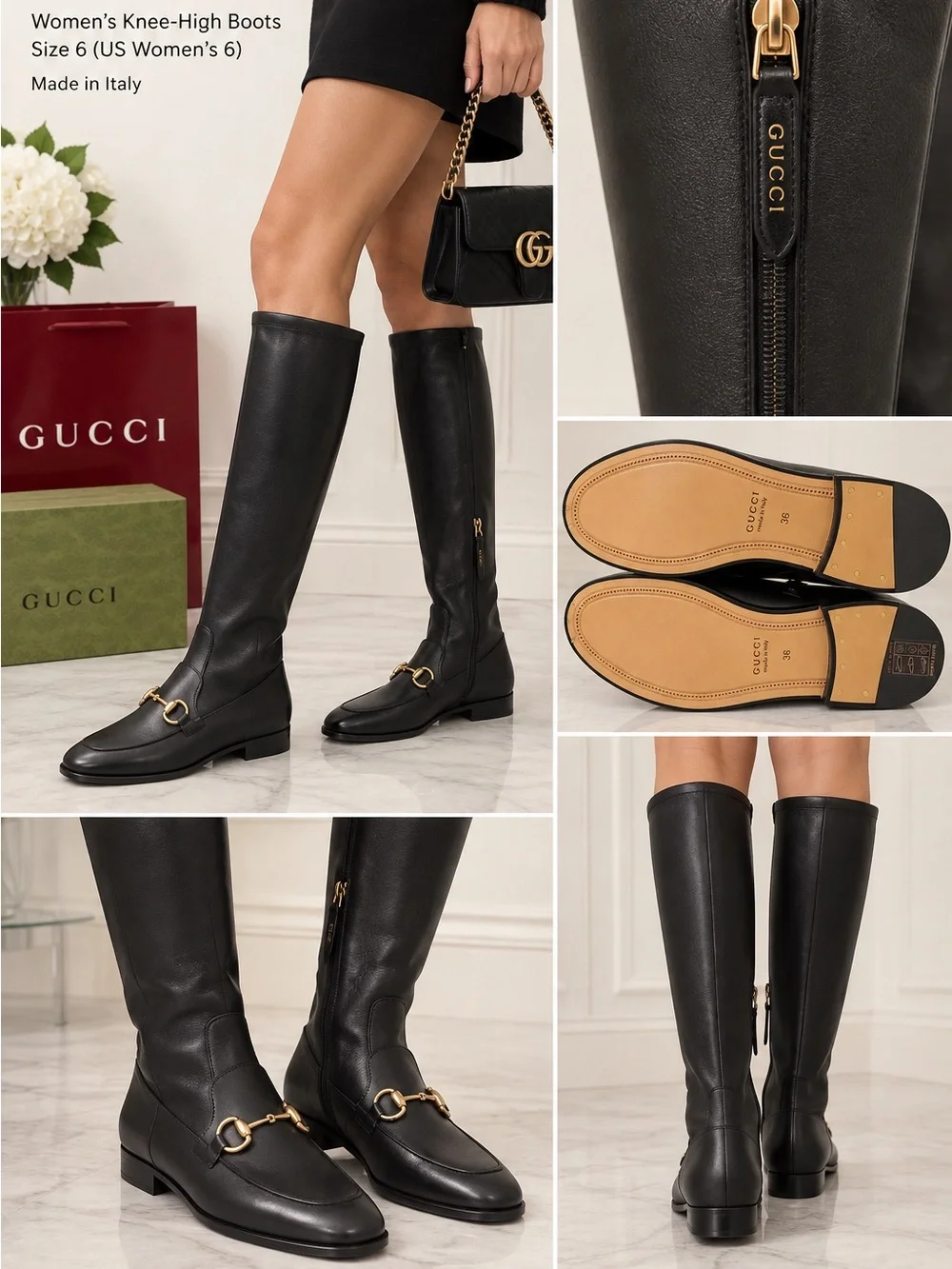Gucci Black Leather Jordan Over-The-Knee Horsebit Boots with Gold Hardware